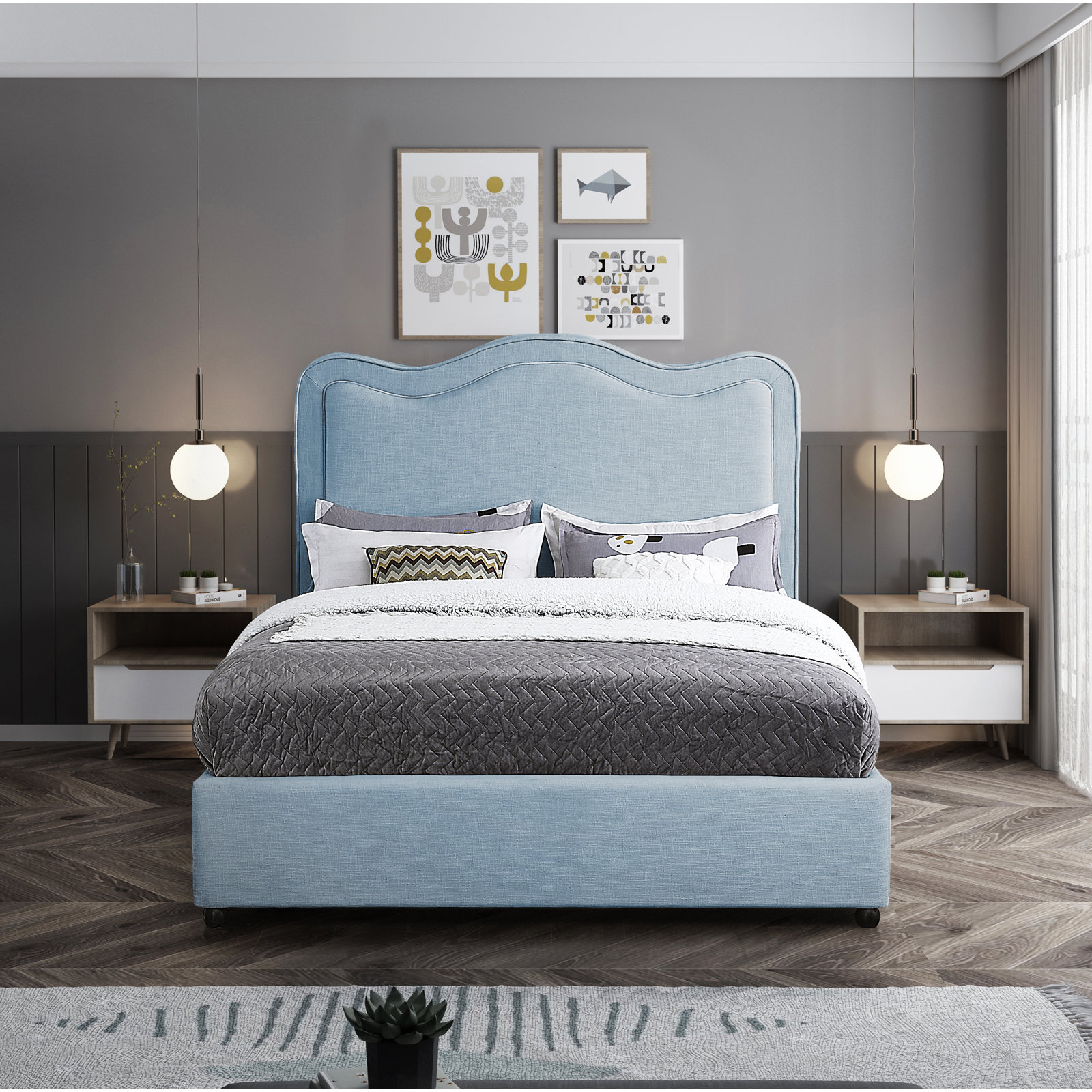 Upholstered Scalloped Bed, Full/Double, Light Blue Performance Linen