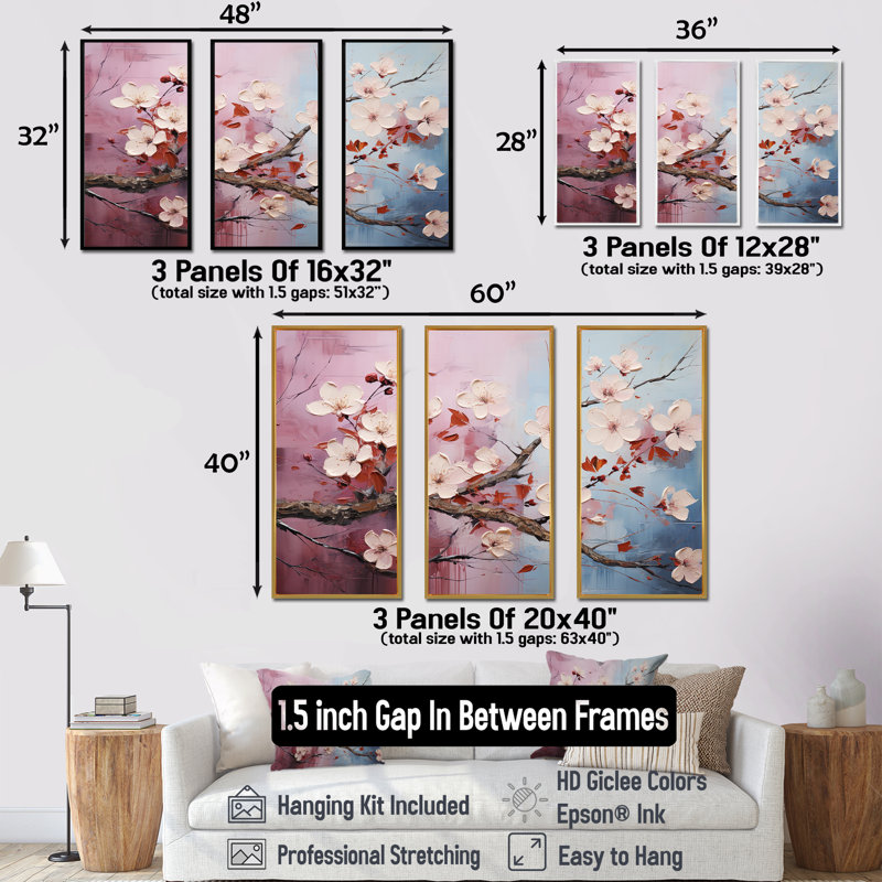 Ensemble de salon japonais art cerisier japonais I, Cadre flottant doré, H 40 po x l 60 po x P 1 po