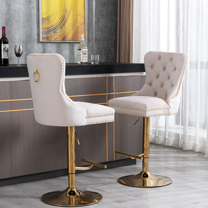 Tabourets de bar pivotants dorés épais - beige, hauteur de siège réglable de 27 à 35 pouces, dossier pour une touche gracieuse, velours beige maison et pub avec fonction hypnotisante,