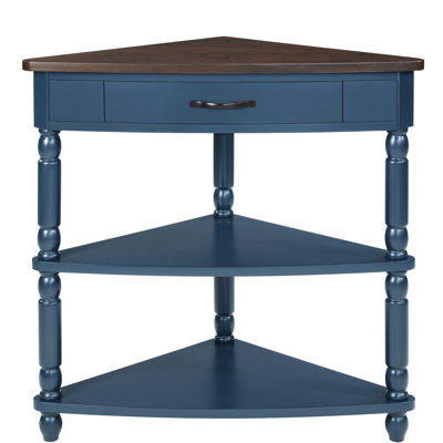 Small Space Saving 33.8'' Triangle 3 Tier Corner Table With Solid Wood Legs, Navy Blue Top, Suitable For Bathrooms And Bedrooms, Waterproof Surface, No Visible Screws , Ideal Bedrooms Living Rooms,