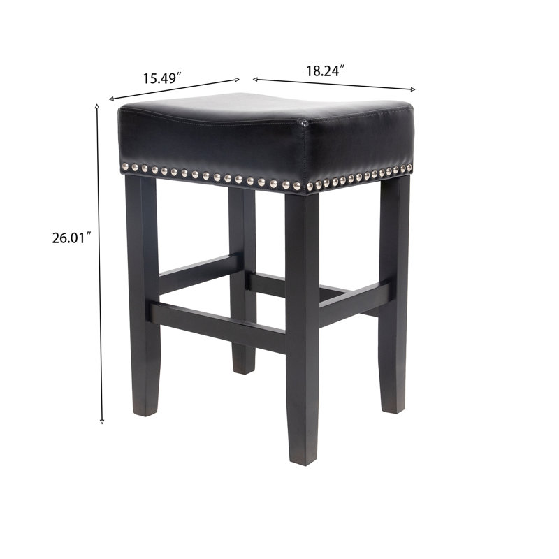 Ensemble de 2 tabourets de comptoir en faux cuir avec garniture cloutée et pieds en bois espresso, Noir