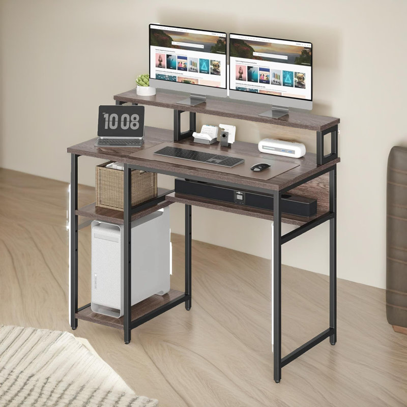 Industrial 100CM Computer Desk With Monitor Stand, Shelves And Drawer