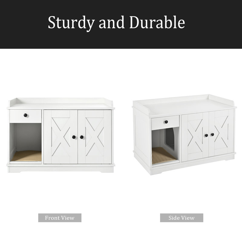 Enceinte de litière pour chat, meubles de litière cachés avec un tapis de litière pour chat, maison de chat d'intérieur avec tiroir, table d'appoint de style campagnard pour salon, blanc