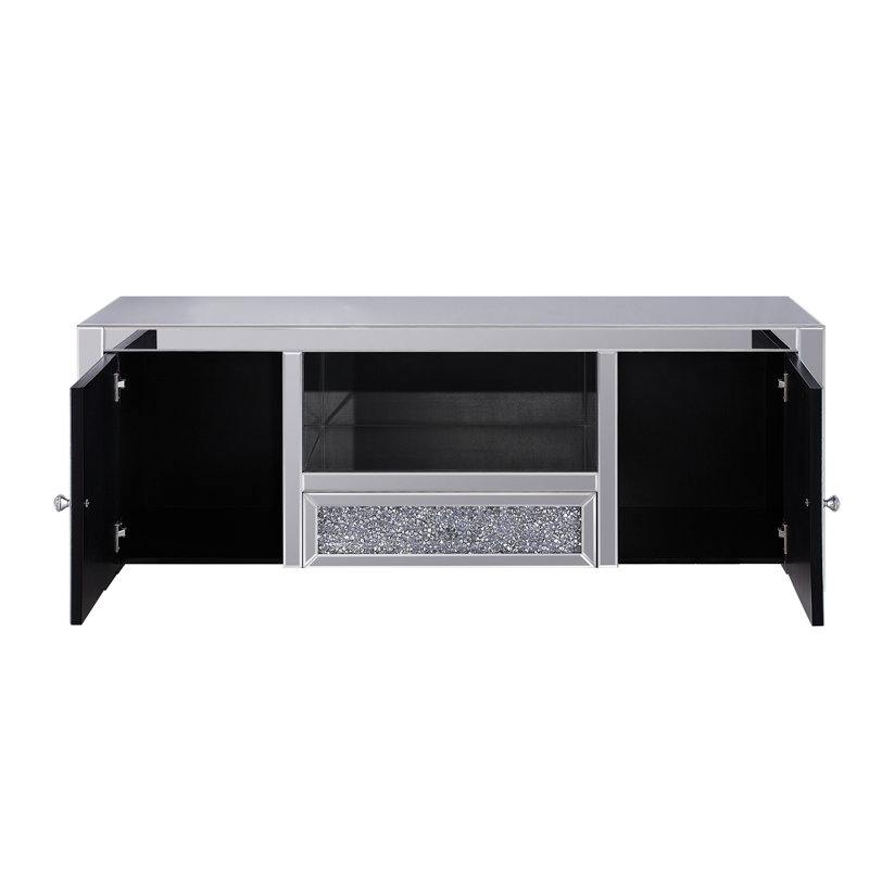 Meuble télé assemblé en miroir argenté avec incrustation de faux diamants, compartiment média ouvert, tiroir simple et 2 portes, pour téléviseur à écran plat de 50 po, plancher de 2 po, tiroir coulissant en métal, façade française, noir complet