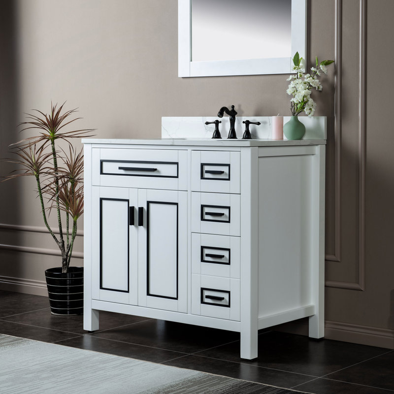 37" Floor Mounted Vanity Set with Solid Wood Cabinet and Engineered Stone Composite Vanity Top, White