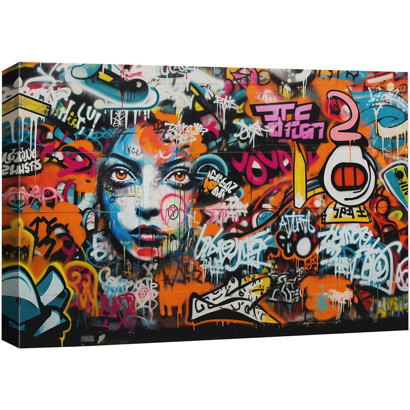 Dessin de visage d'anime sur toile, Toile tendue, H 32 po x l 48 po x P 1,5 po