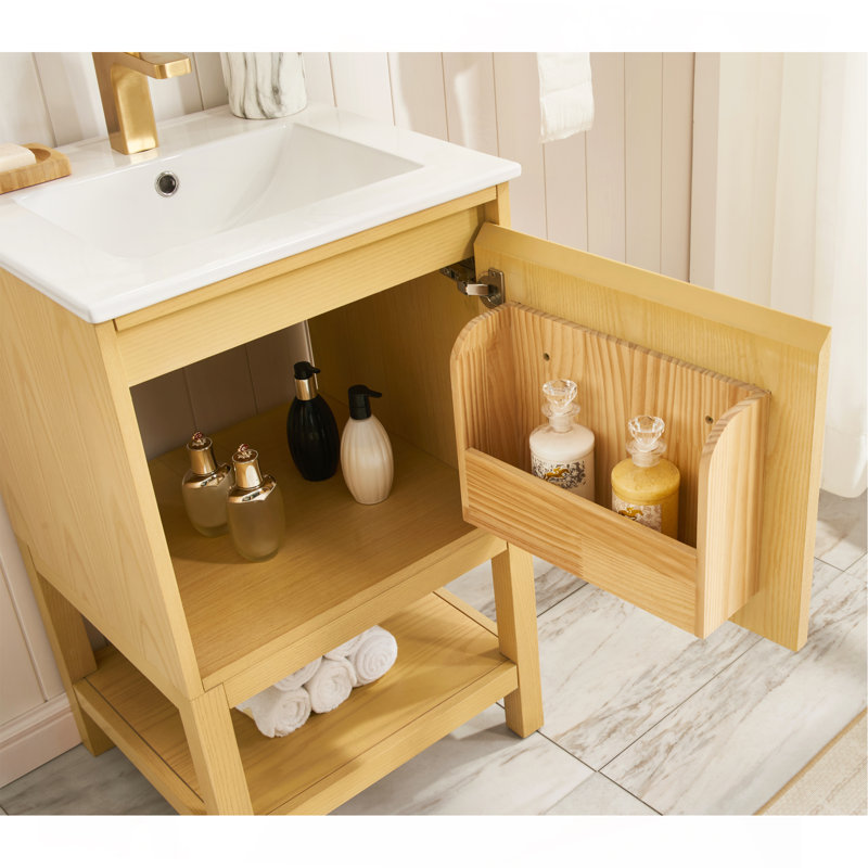 Meuble-lavabo en bois massif de 20 po avec étagère réglable pré-assemblé - Bois de frêne, Bois de frêne naturel