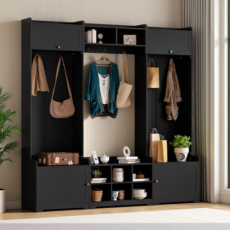 79.1''Wide Modern Hall Tree With Shoe Storage, 4-In-1 Entryway Bench With 8 Cubbies, 7 Coat Hooks & Adjustable Shelf For Hallway