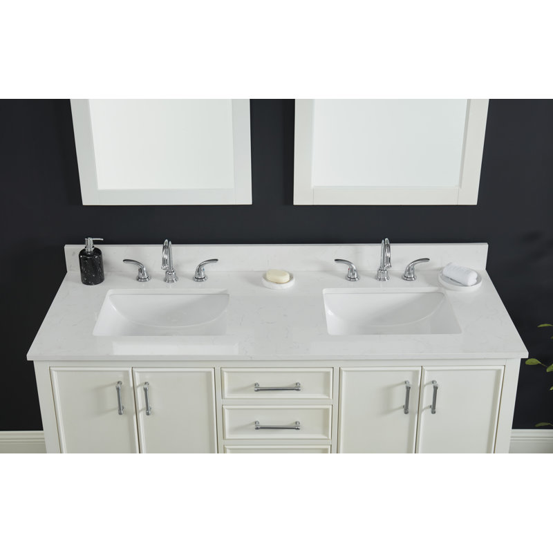 Dessus de meuble-lavabo à quartz blanc 61 pouces avec double lavabo et dosseret Carrara, Blanc de Carrare