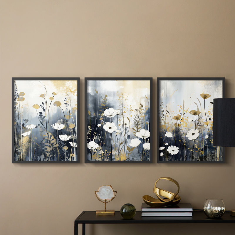 Étude florale Cxxvi -Set de 3 estampes numériques encadrées -Prêt à, H 10 po x l 8 po, Cadre noir