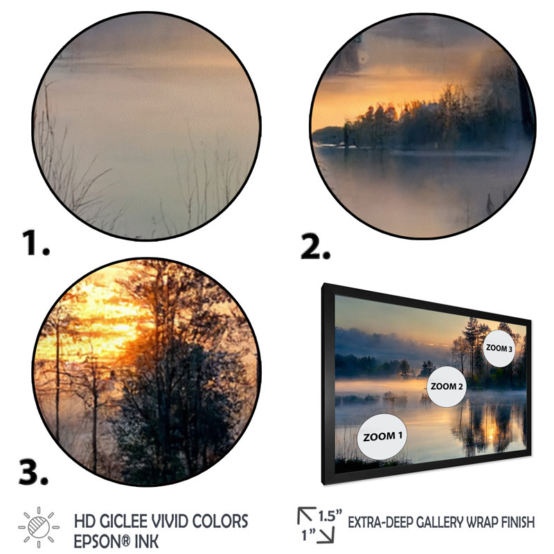 Rasheed matin brouillard au-dessus du lac coucher de soleil II - art mural lac, Cadre simple noir, H 16 po x l 32 po x P 1 po
