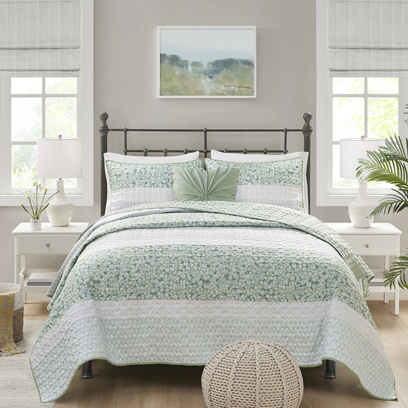 Courtepointe très grand / très grand lit - Style chic décontracté, coussin à motif floral en seersucker, Vermicelle
