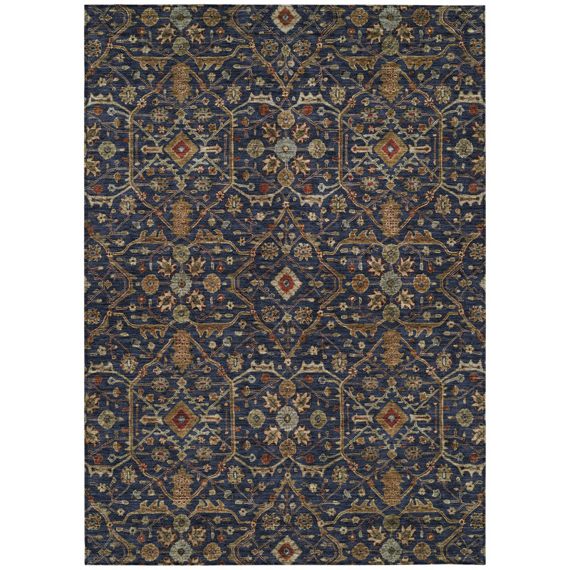 Tapis extérieur lavable floral 8 pi x 10 pi bleu marine, brun et rouge