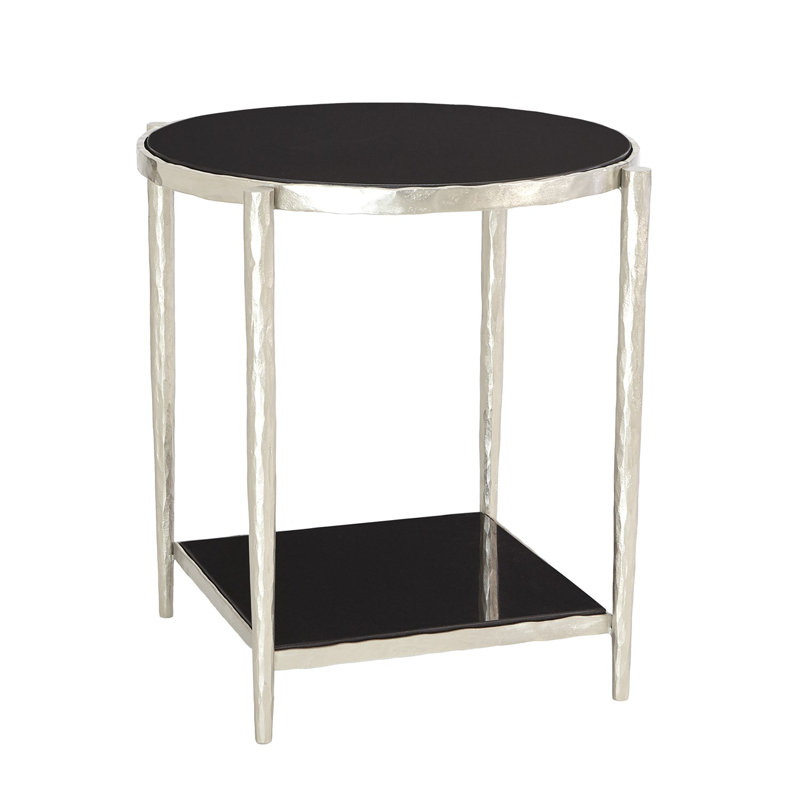 Round Black Granite and Metal Side Table with Shelf