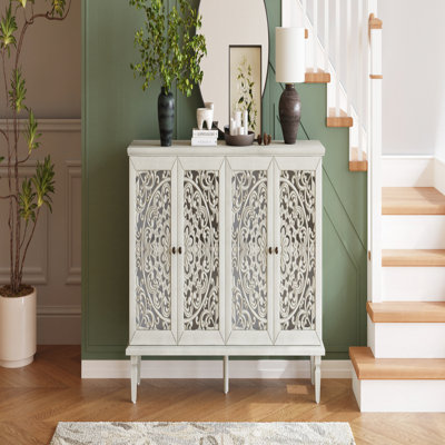 4-Door Antique Storage Cabinet with Adjustable Shelves and Floral Carvings