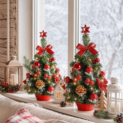 Set of 2 Pre-Lit Tabletop Christmas Trees, 17.72" Mini Artificial Pine Trees with Ornaments, Pinecones, Bows and Star Toppers for Holiday Home and Office Decor