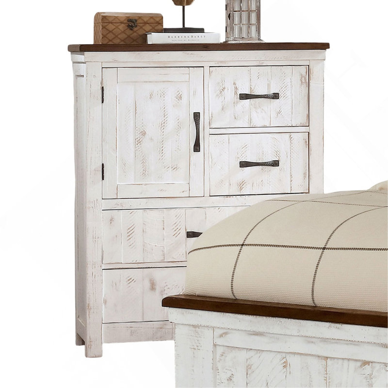 Commode en métal de style transitionnel moderne de 1 pièce avec quatre tiroirs et une planche d'armoire au fini blanc vieilli et noyer