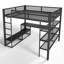 Grand lit mezzanine en métal avec bureau, tablettes de rangement et tringle à vêtements - aucun sommier nécessaire, noir