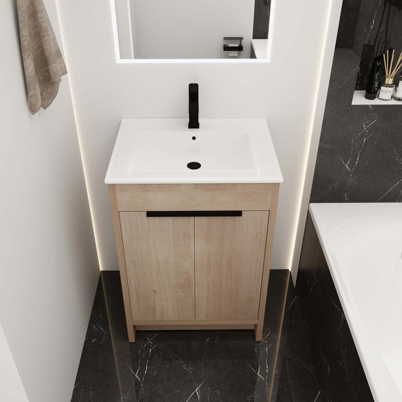 Meuble-lavabo simple 24 po avec plateau Alysen, Chêne clair uni