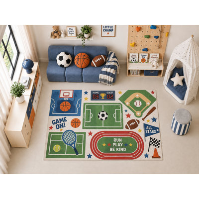 Tapis de sol pour enfants « ultra-fin » 152 x 213 cm (5 pi x 7 pi) à motifs multisports (basketball, soccer, soccer et baseball), idéal pour la décoration de la salle de jeux et de la chambre. Doux et confortable.