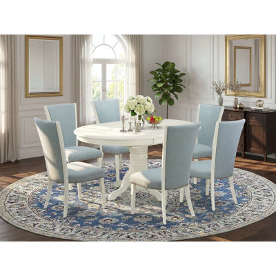 7 Piece Modern Dining Table Set Consist of an Oval Wooden Table with Butterfly Leaf and 6 Baby Blue Linen Fabric Upholstered Chairs, Linen White