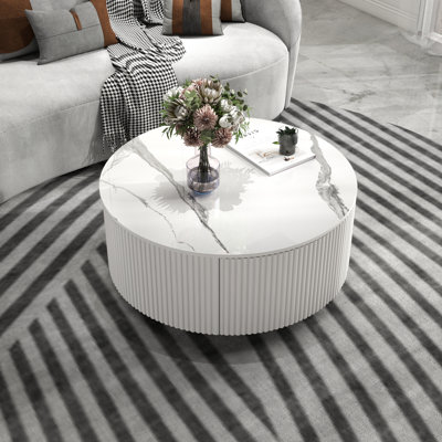 Table basse ronde moderne avec 2 tiroirs et roulettes, plateau en pierre frittée en marbre, conception compacte pour petit salon