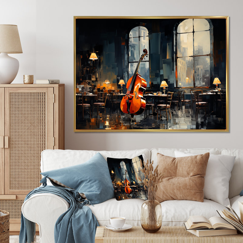 Jaune et gris Jazz Cafe Melody 5 - musique Jazz, art mural, Cadre flottant doré, H 30 po x l 40 po x P 1,5 po