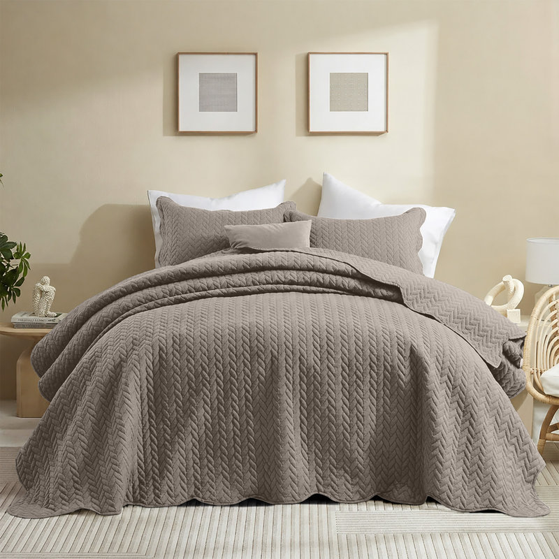Microfiber Embossed Oversized Modern & Contemporary Bedspread Set With Shams, King Bedspread + 2 Pillowcases, Beige