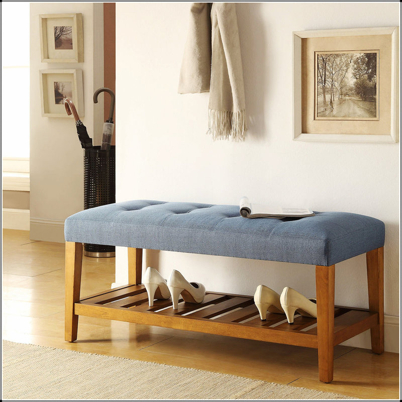 Banc rembourré capitonné bleu clair et chêne, Bleu clair