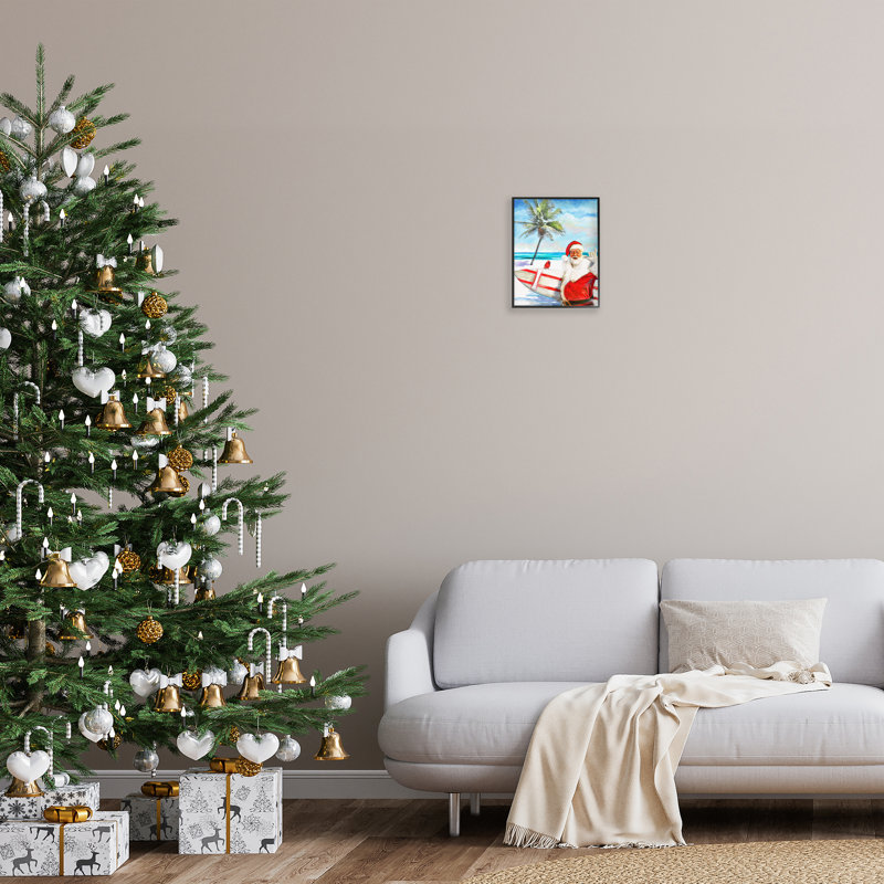 «Surfing Santa at Beach», estampe numérique par Patrick Reid Obrien, Giclée encadrée noir minuit, H 14 po x l 11 po