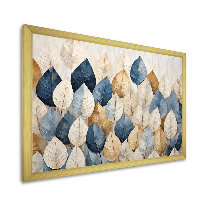 «Beige and Blue Minimalisme Leaves Collage I», art mural pour salon, Cadre doré simple, H 34 po x l 44 po x P 1,5 po