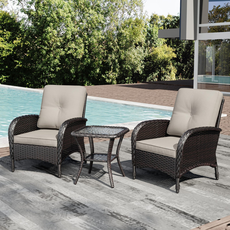 2-Person All-Weather PE Wicker Outdoor Patio Set With Chairs, Side Table & Beige Cushions, Beige