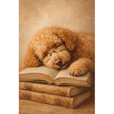 Doodle Dog Napping on Book Stack in Beige by Linda
