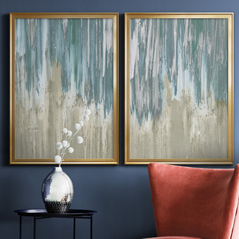 «Like a Waterfall I», ensemble de 2 reproductions, Pas de tapis, Toile encadrée dorée, H 18,5 po x l 49 po x P 1,5 po