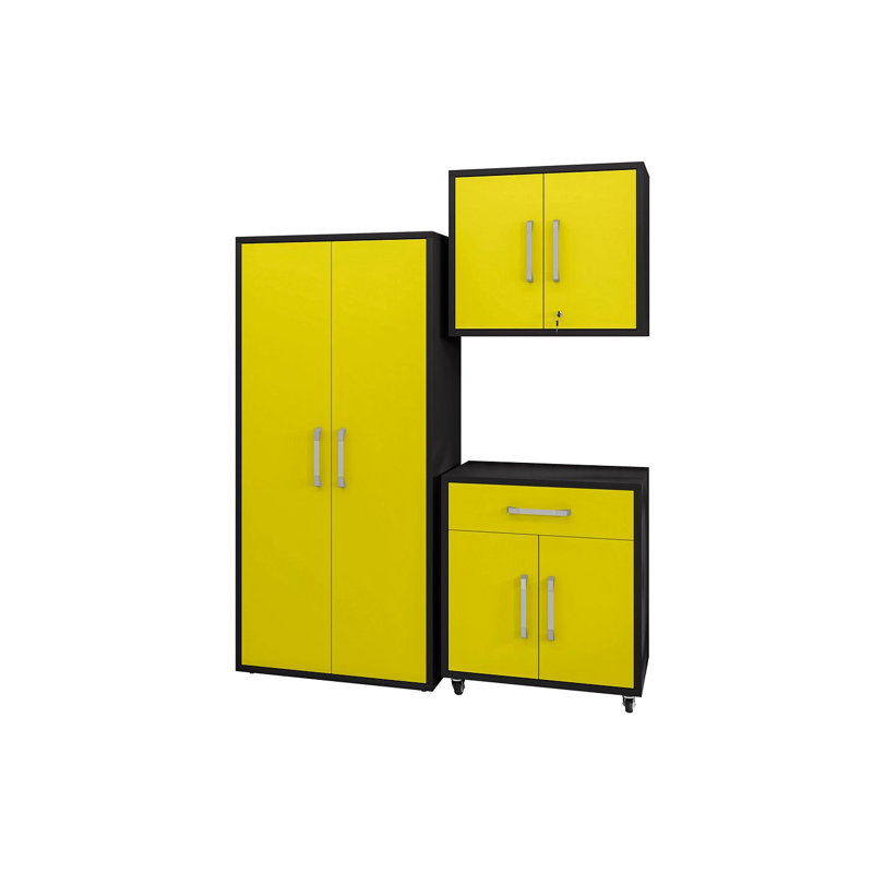 Eiffel Modern Garage Storage Set with Drawer and Adjustable Shelves in Yellow, Matte Black/Yellow