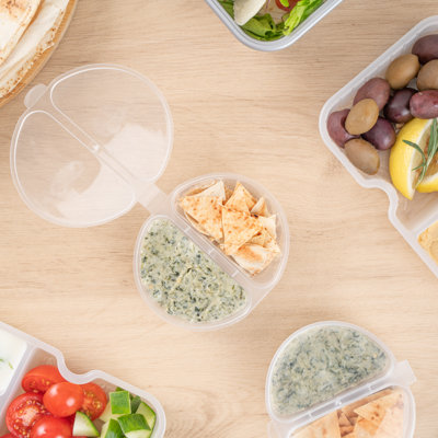 Restaurantware-Futura 4 Ounce Snack Containers, 100 Microwavable Sauce Containers - 2 Compartments, Hinged Lid, Clear Plastic Portion Cups, For Condiments Or Dips