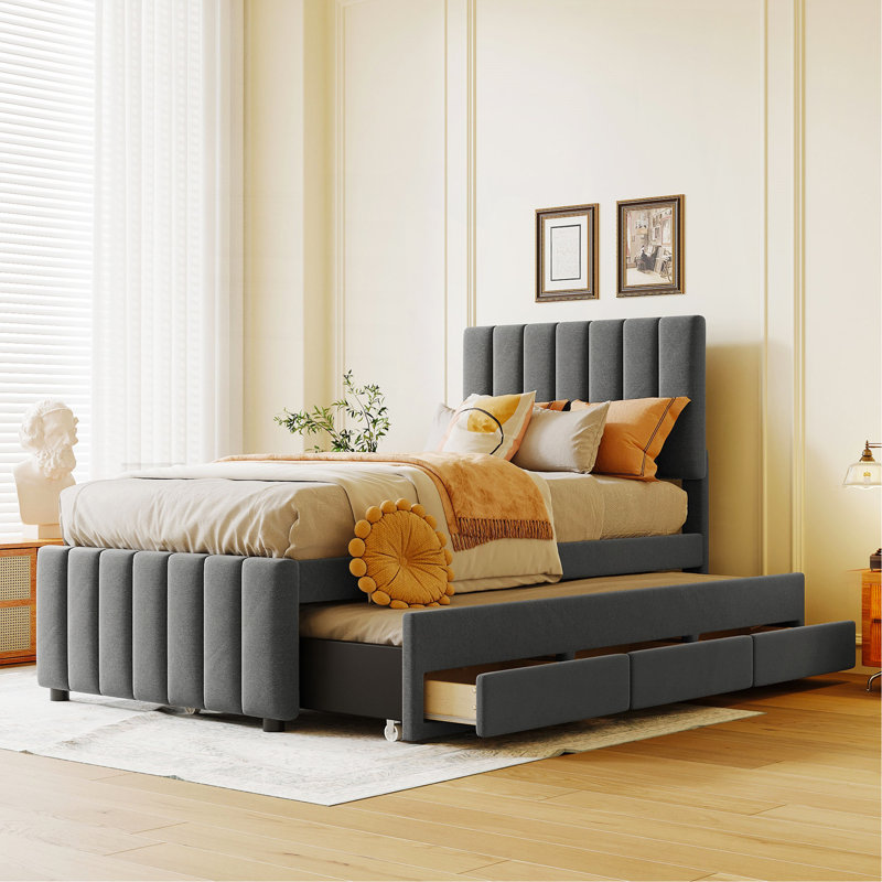 Lit plateforme simple tapissier avec lit gigogne et 3 tiroirs, tissu en lin, gris, Gris