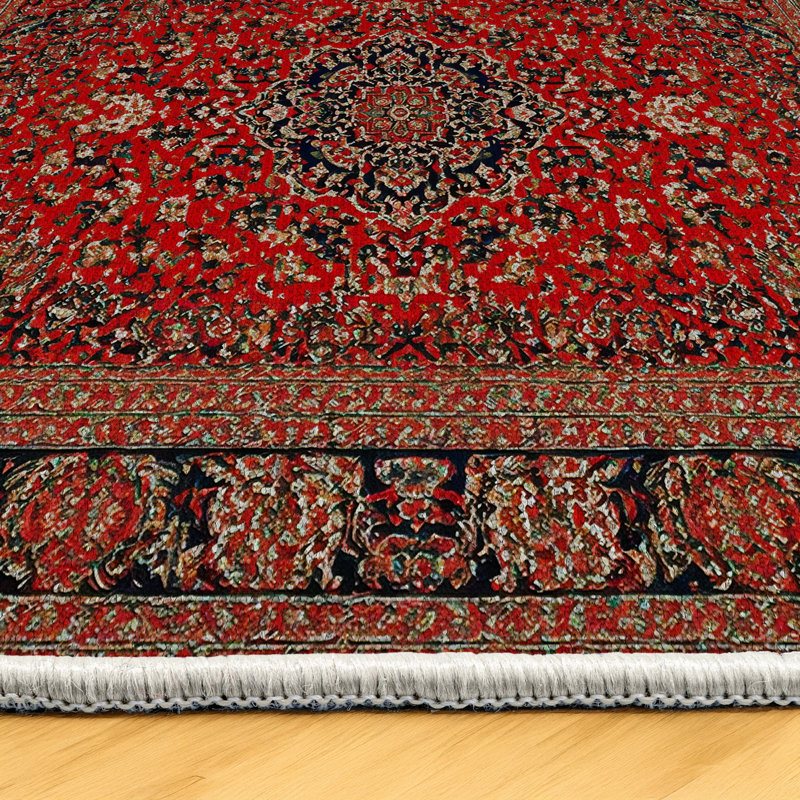 Guria Red/Brown Oriental Machine Printed Cotton Chenille Area Rug, Runner 4' x 8'3"