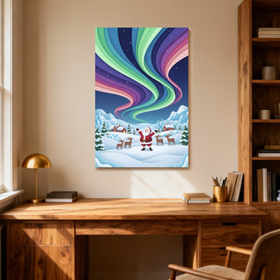 Christmas Santa Claus With Reindeer Under Northern Lights