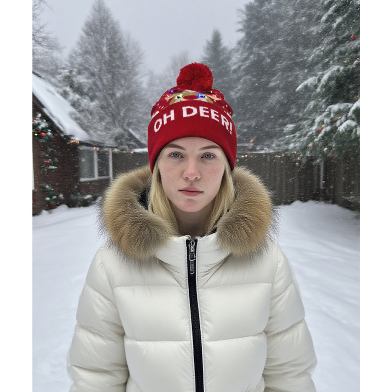 Light Up Xmas Festive Fun Cosy Hat Red Oh Deer
