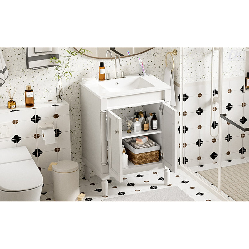 Meuble-lavabo 24 po avec lavabo supérieur, meuble de rangement moderne à 2 niveaux, meuble-lavabo simple, grandes tablettes de rangement