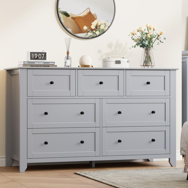 7-Drawer Dresser, 54" Wide Black Wooden Chest with Deep Storage & Metal Knobs, Modern Large Storage Organizer for Bedroom, Entryway, Hallway, Sturdy Furniture with Smooth Gliding Drawers, Gray