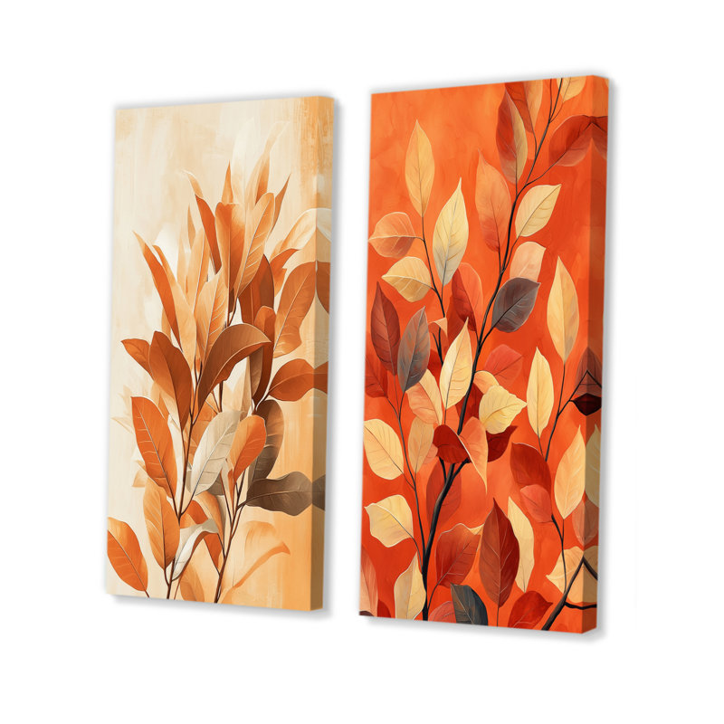 «Terracotta Leaves Layers Of Forest I», art mural floral 2 pièces, H 28 po x l 25 po, Toile tendue