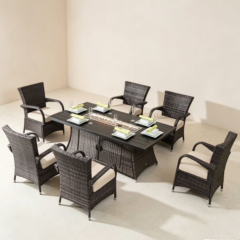 6 - Person Patio Dining Set Rectangular Table with Cushions Included, Brown