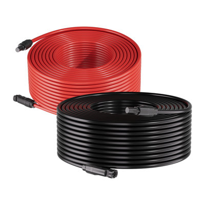 Câble d'extension pour panneaux solaires, 19,8 m noir + 19,8 m rouge, section 6 mm² (10 AWG), avec connecteurs mâle et femelle, fil de cuivre étamé étanche IP67, pour systèmes photovoltaïques extérieurs.