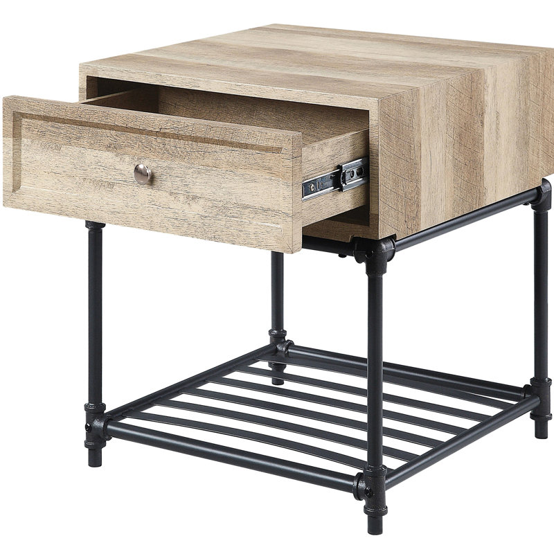 Table de bout à pieds en métal avec rangement, charme rustique industriel, table rectangulaire chêne et sable noir, pour un usage domestique