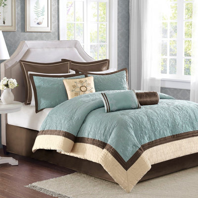 9 Piece Comforter In Blue Charmeuse For King Bed, With Stylish Pillows And Decorative Shams Size Euro