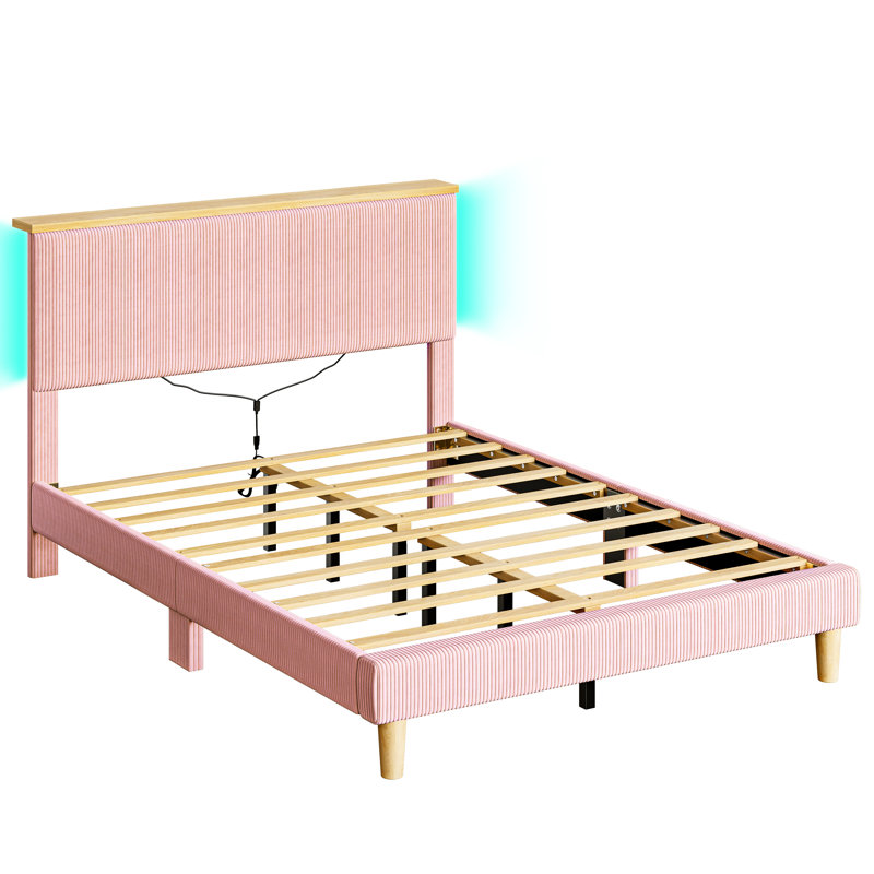 Velvet Upholstered Platform Bed Frame With Storage Headboard And LED Lights