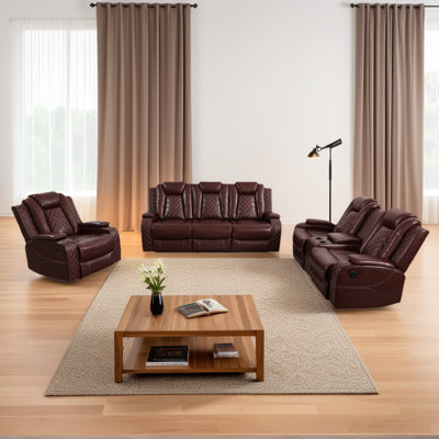 3-Piece Top Breathable Leather Power Reclining Living Room Set With Wireless Charging, LED Lighting, USB Ports & Storage Armrests (Set of 3)