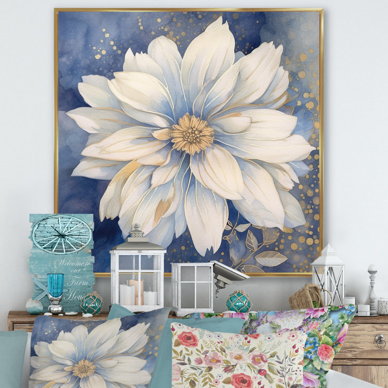 «Elegant White Chrysanthemum On Retro Blue», reproduction sur toile, H 16 po x l 16 po x P 1 po, Cadre flottant doré